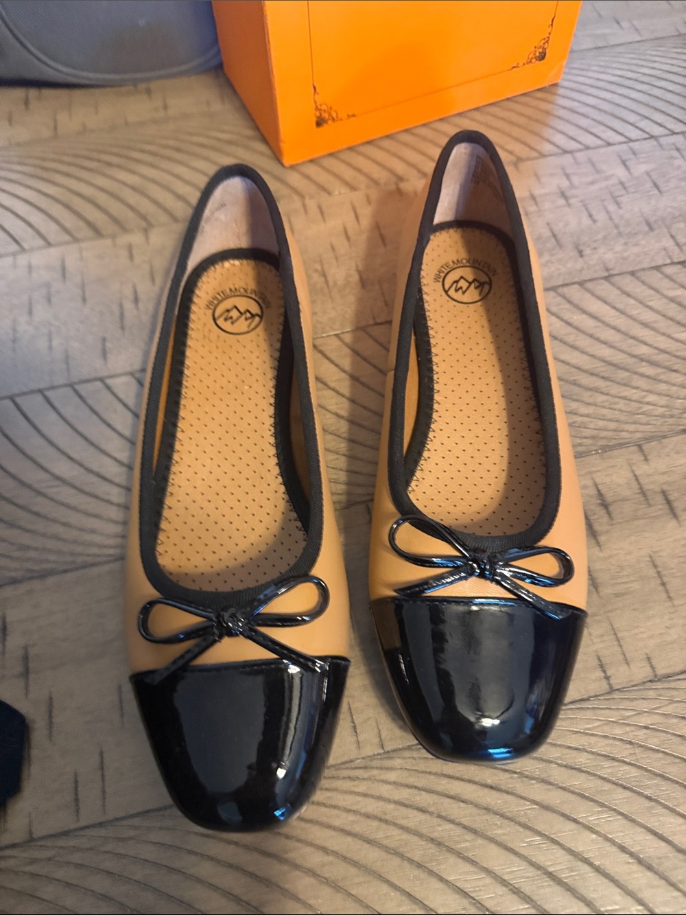 White Mountain Two-Tone Black and Tan Ballet Flats with Patent Toe